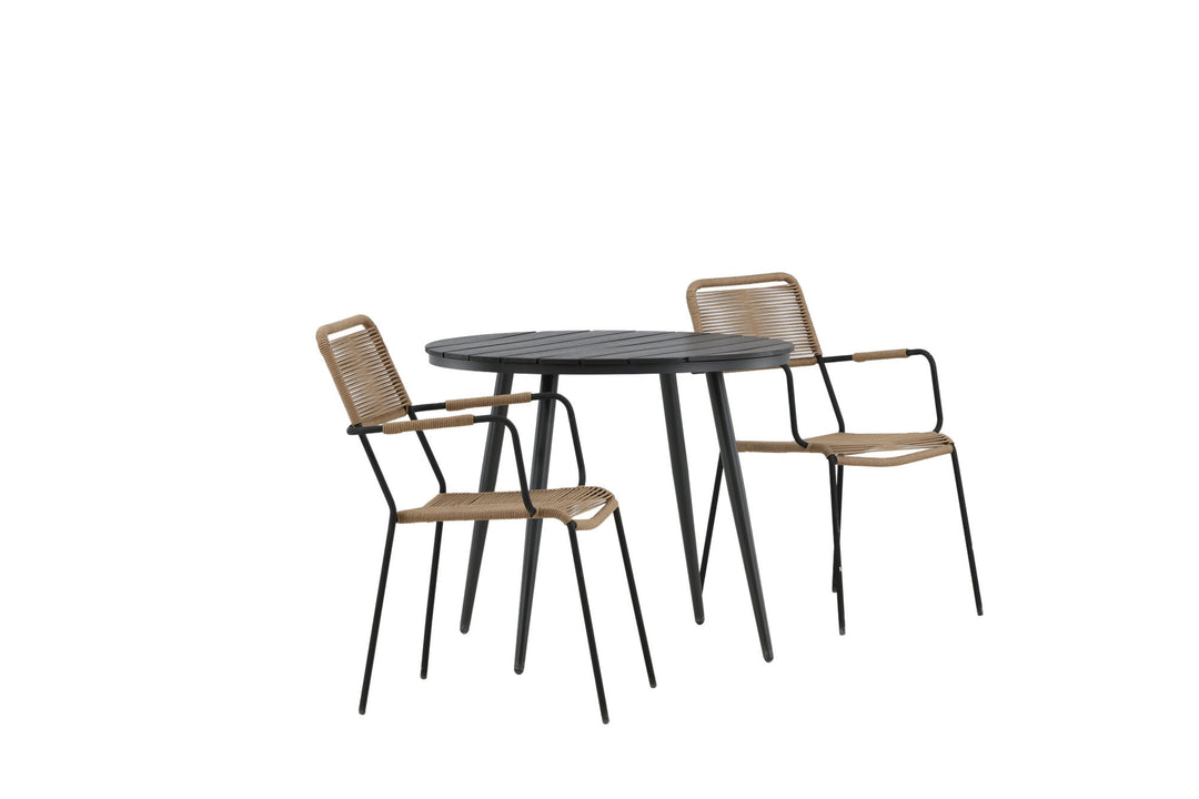 Venture Home Break - Dining Table Round- Black / Black - Alu / Aintwood - 90ø _1+ Lindos - Armchair - Black Alu / Latte Rope _2