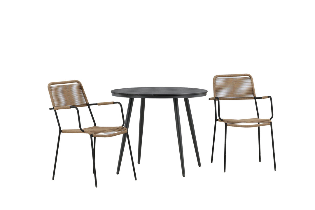 Venture Home Break - Dining Table Round- Black / Black - Alu / Aintwood - 90ø _1+ Lindos - Armchair - Black Alu / Latte Rope _2