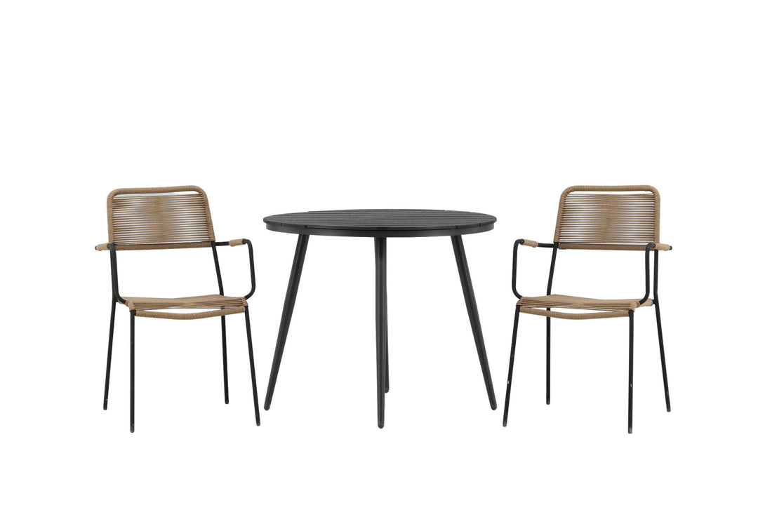 Venture Home Break - Dining Table Round- Black / Black - Alu / Aintwood - 90ø _1+ Lindos - Armchair - Black Alu / Latte Rope _2