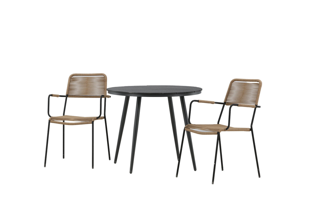 Venture Home Break - Dining Table Round- Black / Black - Alu / Aintwood - 90ø _1+ Lindos - Armchair - Black Alu / Latte Rope _2