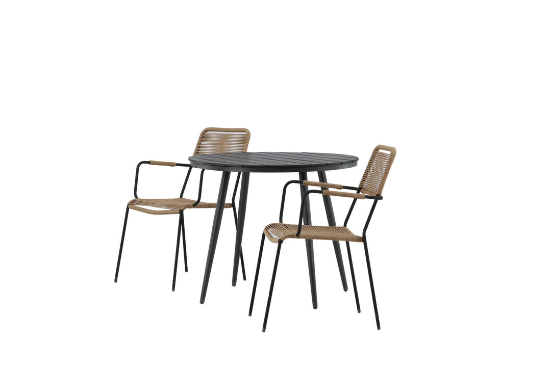 Venture Home Break - Dining Table Round- Black / Black - Alu / Aintwood - 90ø _1+ Lindos - Armchair - Black Alu / Latte Rope _2
