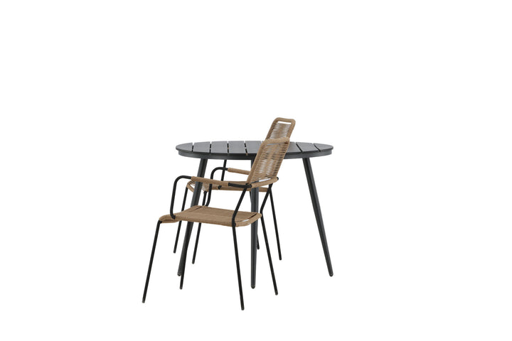Venture Home Break - Dining Table Round- Black / Black - Alu / Aintwood - 90ø _1+ Lindos - Armchair - Black Alu / Latte Rope _2