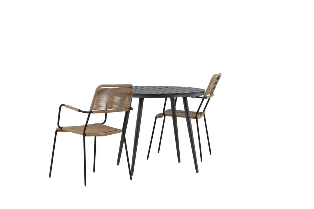 Venture Home Break - Dining Table Round- Black / Black - Alu / Aintwood - 90ø _1+ Lindos - Armchair - Black Alu / Latte Rope _2