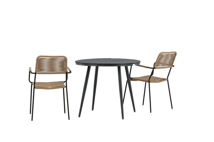 Venture Home Break - Dining Table Round- Black / Black - Alu / Aintwood - 90ø _1+ Lindos - Armchair - Black Alu / Latte Rope _2
