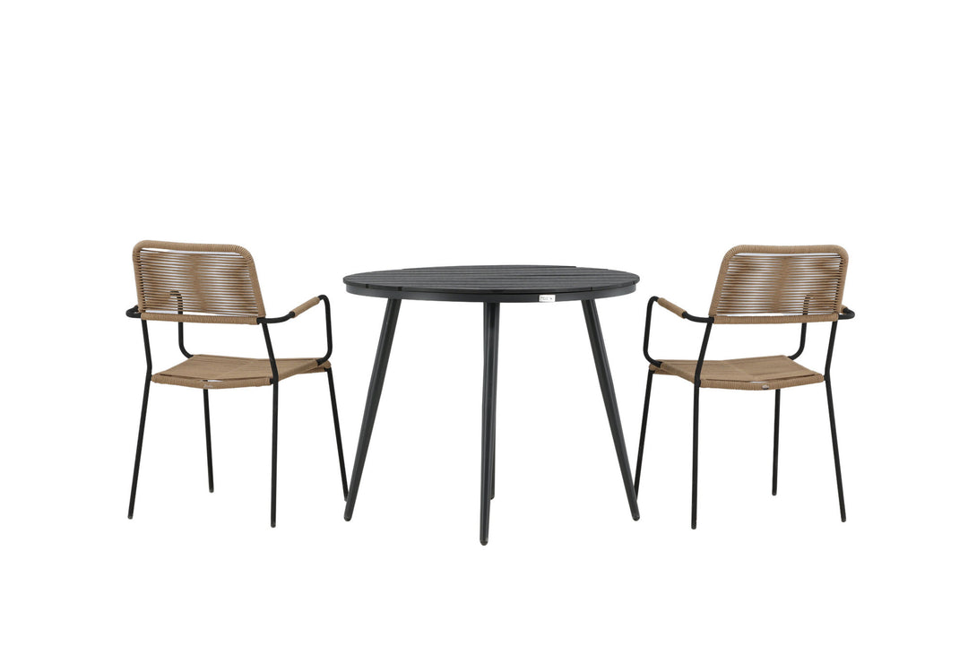 Venture Home Break - Dining Table Round- Black / Black - Alu / Aintwood - 90ø _1+ Lindos - Armchair - Black Alu / Latte Rope _2