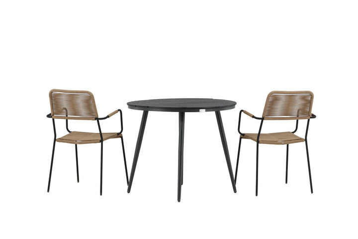 Venture Home Break - Dining Table Round- Black / Black - Alu / Aintwood - 90ø _1+ Lindos - Armchair - Black Alu / Latte Rope _2
