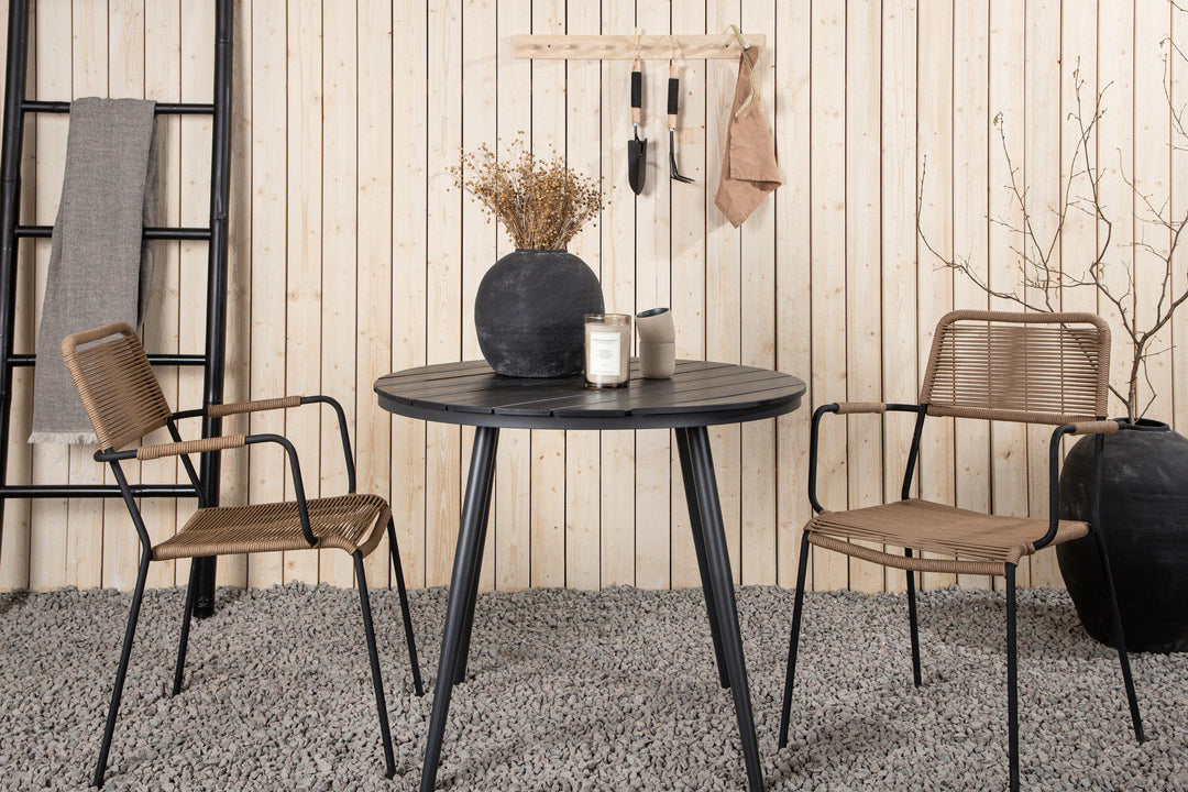 Venture Home Break - Dining Table Round- Black / Black - Alu / Aintwood - 90ø _1+ Lindos - Armchair - Black Alu / Latte Rope _2