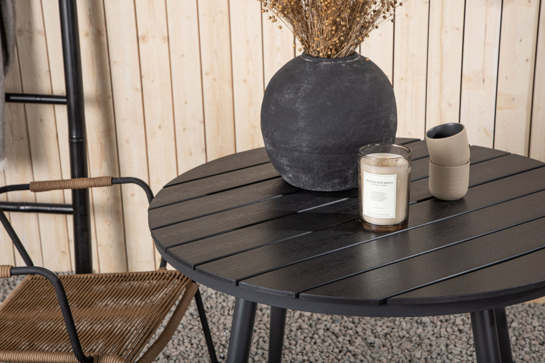 Venture Home Break - Dining Table Round- Black / Black - Alu / Aintwood - 90ø _1+ Lindos - Armchair - Black Alu / Latte Rope _2