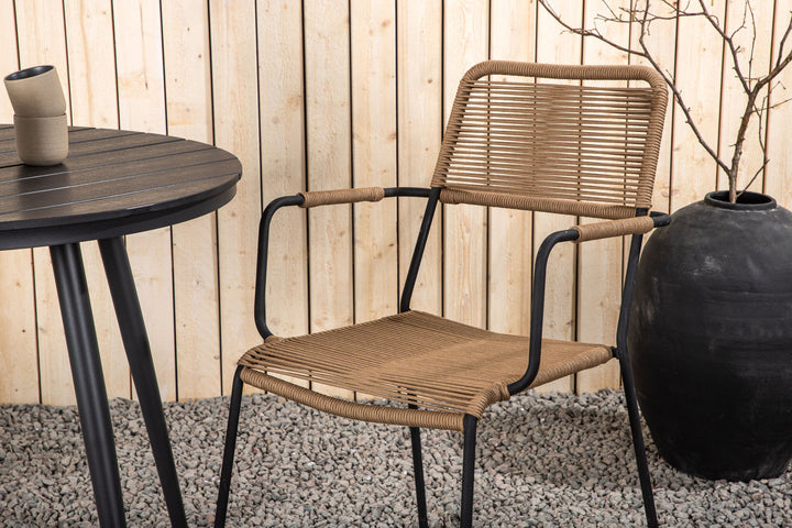 Venture Home Break - Dining Table Round- Black / Black - Alu / Aintwood - 90ø _1+ Lindos - Armchair - Black Alu / Latte Rope _2