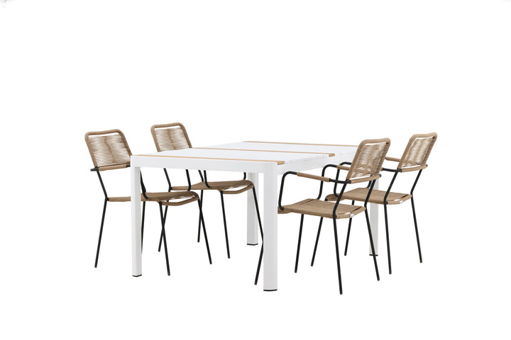 Venture Home Togo - Dining Table- White / Teak - Allu / Teak - 150*100 _1+ Lindos - Armchair - Black Alu / Latte Rope _4