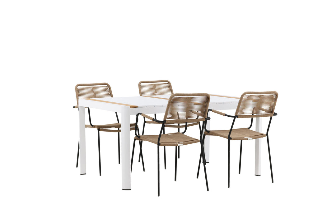 Venture Home Togo - Dining Table- White / Teak - Allu / Teak - 150*100 _1+ Lindos - Armchair - Black Alu / Latte Rope _4