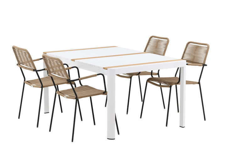Venture Home Togo - Dining Table- White / Teak - Allu / Teak - 150*100 _1+ Lindos - Armchair - Black Alu / Latte Rope _4