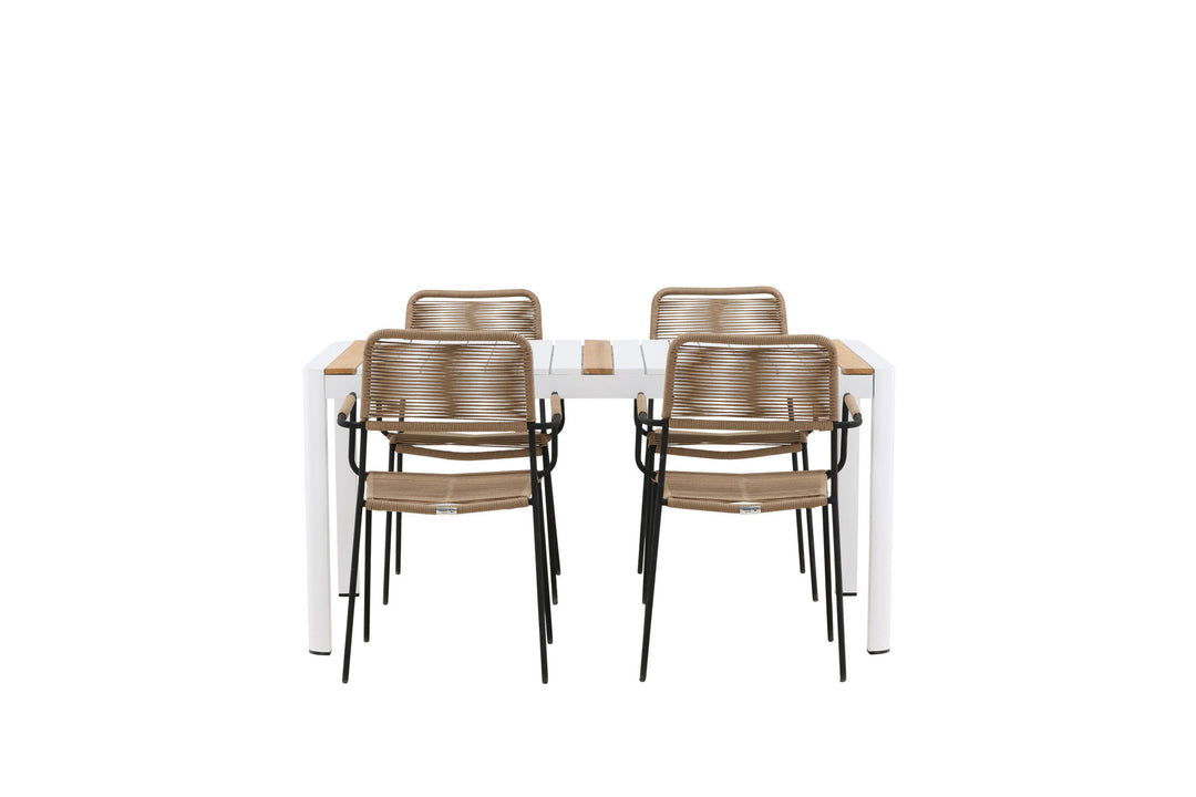Venture Home Togo - Dining Table- White / Teak - Allu / Teak - 150*100 _1+ Lindos - Armchair - Black Alu / Latte Rope _4