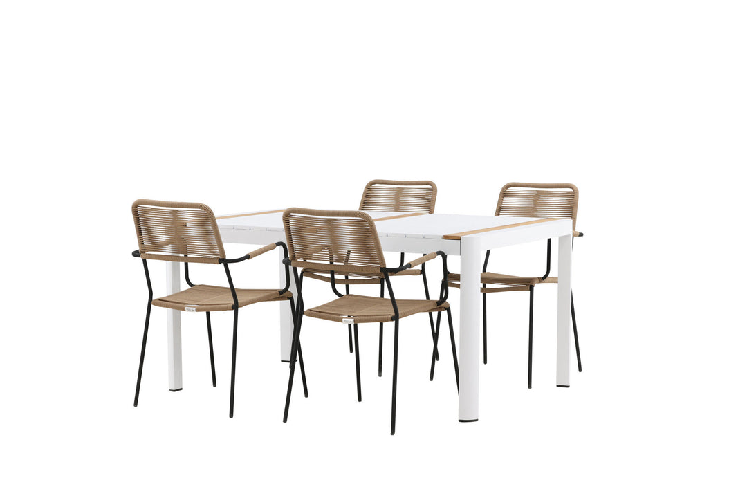 Venture Home Togo - Dining Table- White / Teak - Allu / Teak - 150*100 _1+ Lindos - Armchair - Black Alu / Latte Rope _4