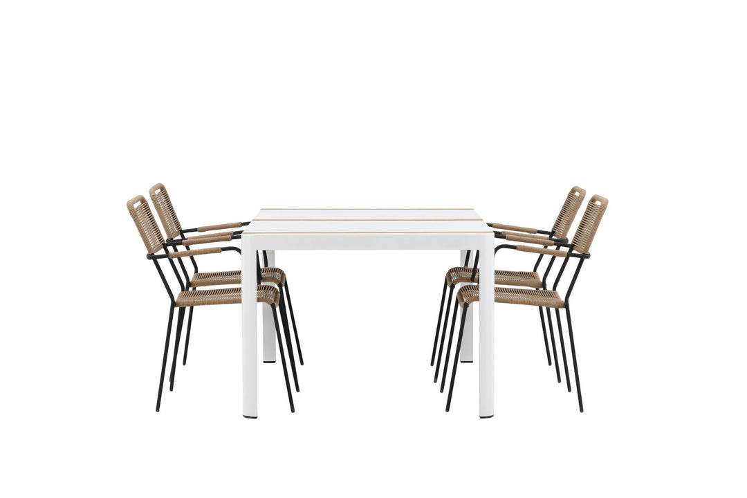 Venture Home Togo - Dining Table- White / Teak - Allu / Teak - 150*100 _1+ Lindos - Armchair - Black Alu / Latte Rope _4