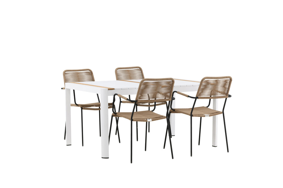 Venture Home Togo - Dining Table- White / Teak - Allu / Teak - 150*100 _1+ Lindos - Armchair - Black Alu / Latte Rope _4