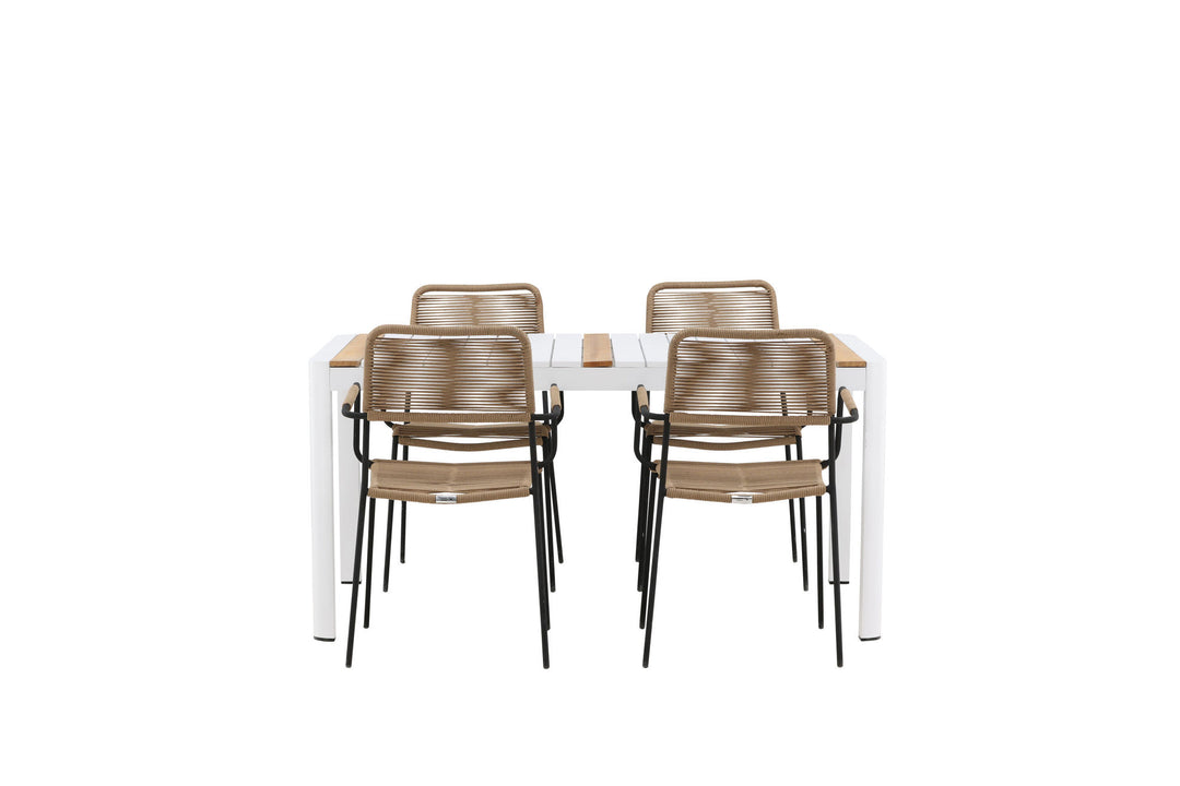 Venture Home Togo - Dining Table- White / Teak - Allu / Teak - 150*100 _1+ Lindos - Armchair - Black Alu / Latte Rope _4
