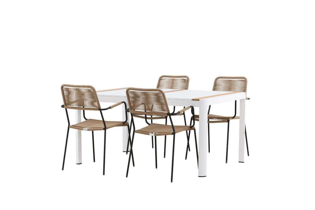 Venture Home Togo - Dining Table- White / Teak - Allu / Teak - 150*100 _1+ Lindos - Armchair - Black Alu / Latte Rope _4