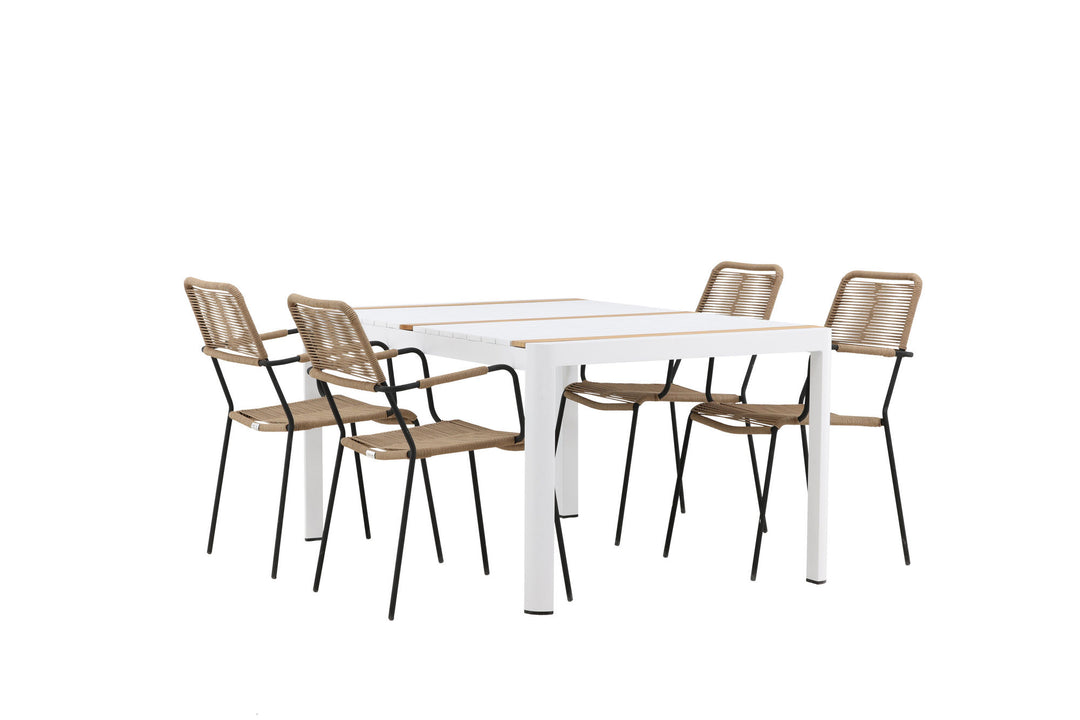 Venture Home Togo - Dining Table- White / Teak - Allu / Teak - 150*100 _1+ Lindos - Armchair - Black Alu / Latte Rope _4