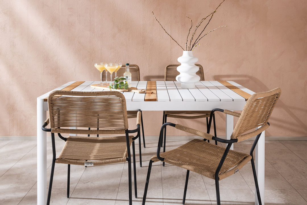 Venture Home Togo - Dining Table- White / Teak - Allu / Teak - 150*100 _1+ Lindos - Armchair - Black Alu / Latte Rope _4