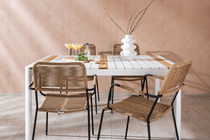 Venture Home Togo - Dining Table- White / Teak - Allu / Teak - 150*100 _1+ Lindos - Armchair - Black Alu / Latte Rope _4