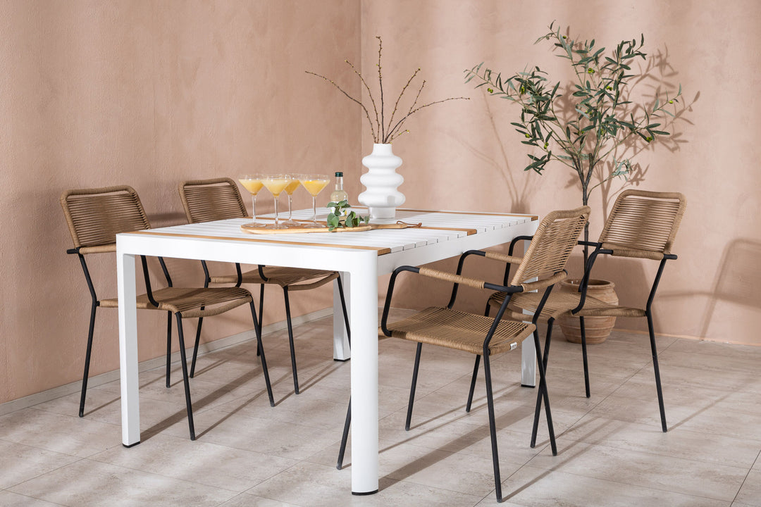 Venture Home Togo - Dining Table- White / Teak - Allu / Teak - 150*100 _1+ Lindos - Armchair - Black Alu / Latte Rope _4
