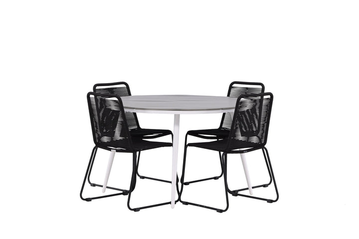Venture Home Break - Dining Table Round- White / Grey - Alu / Aintwood - 120ø _1+ Lindos Stacking Chair - Black Alu / Black Rope _4
