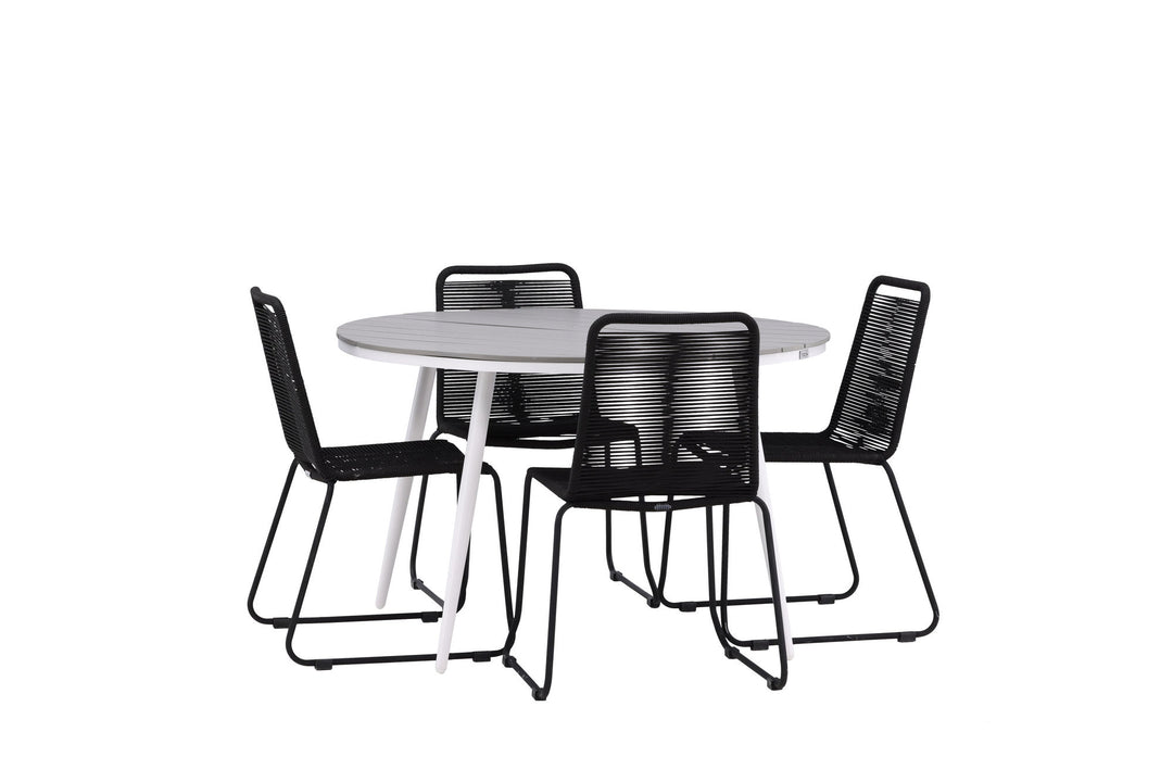 Venture Home Break - Dining Table Round- White / Grey - Alu / Aintwood - 120ø _1+ Lindos Stacking Chair - Black Alu / Black Rope _4