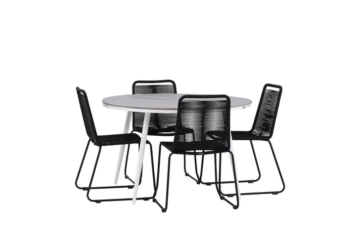Venture Home Break - Dining Table Round- White / Grey - Alu / Aintwood - 120ø _1+ Lindos Stacking Chair - Black Alu / Black Rope _4