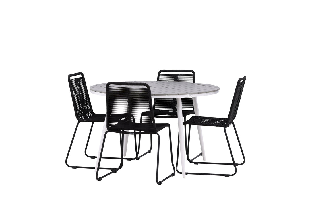 Venture Home Break - Dining Table Round- White / Grey - Alu / Aintwood - 120ø _1+ Lindos Stacking Chair - Black Alu / Black Rope _4