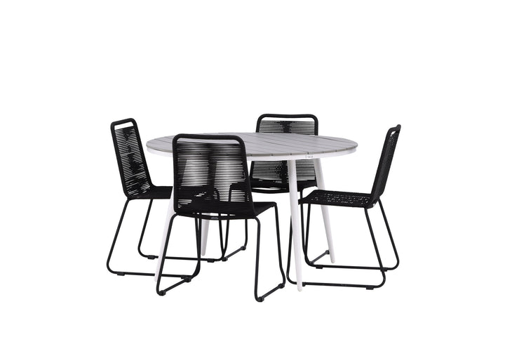 Venture Home Break - Dining Table Round- White / Grey - Alu / Aintwood - 120ø _1+ Lindos Stacking Chair - Black Alu / Black Rope _4
