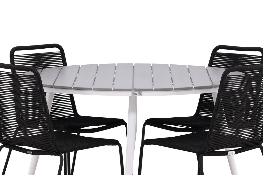 Venture Home Break - Dining Table Round- White / Grey - Alu / Aintwood - 120ø _1+ Lindos Stacking Chair - Black Alu / Black Rope _4