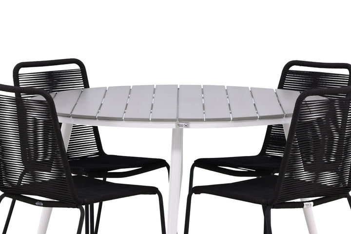 Venture Home Break - Dining Table Round- White / Grey - Alu / Aintwood - 120ø _1+ Lindos Stacking Chair - Black Alu / Black Rope _4