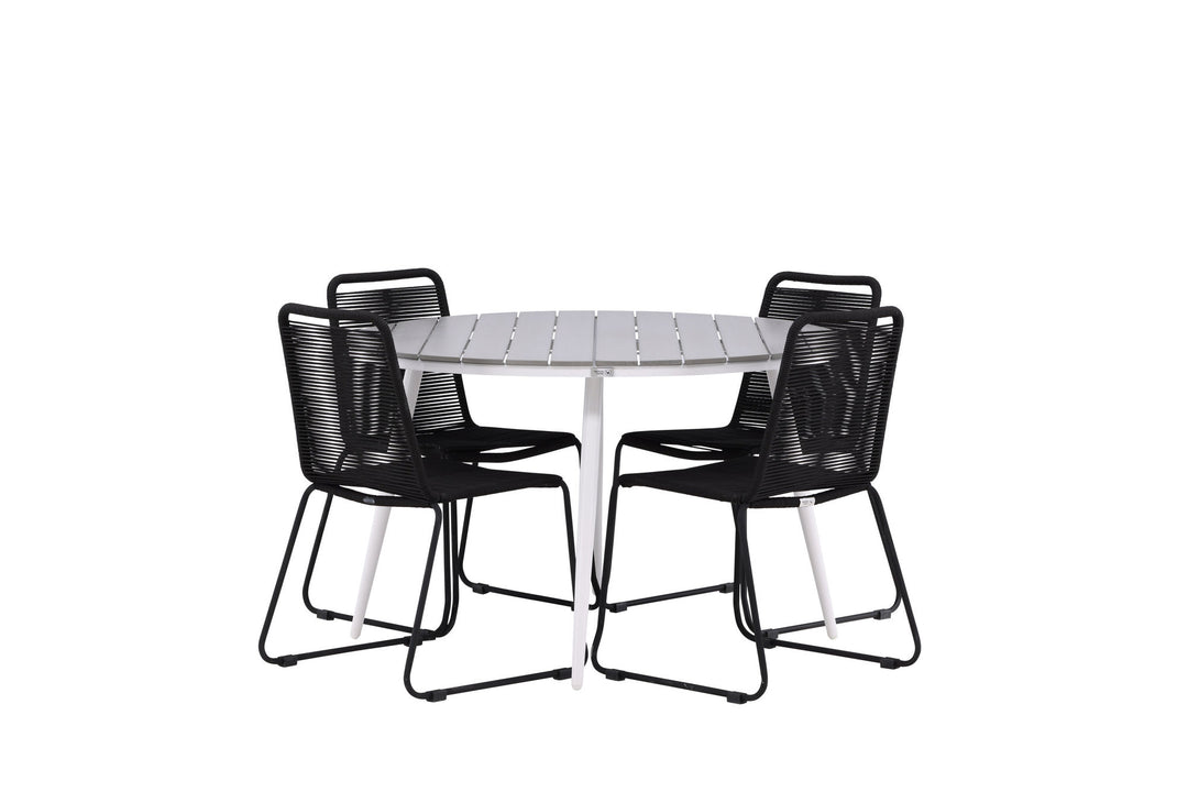 Venture Home Break - Dining Table Round- White / Grey - Alu / Aintwood - 120ø _1+ Lindos Stacking Chair - Black Alu / Black Rope _4