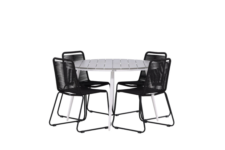 Venture Home Break - Dining Table Round- White / Grey - Alu / Aintwood - 120ø _1+ Lindos Stacking Chair - Black Alu / Black Rope _4