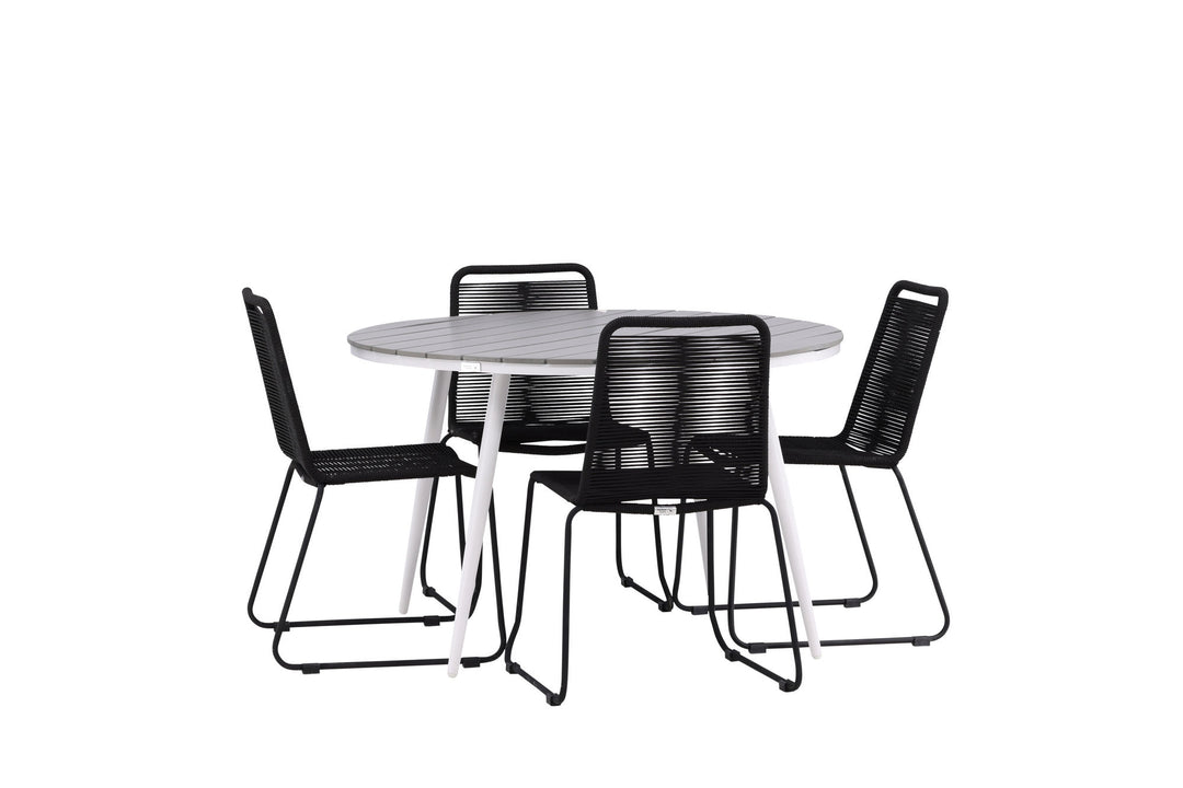 Venture Home Break - Dining Table Round- White / Grey - Alu / Aintwood - 120ø _1+ Lindos Stacking Chair - Black Alu / Black Rope _4