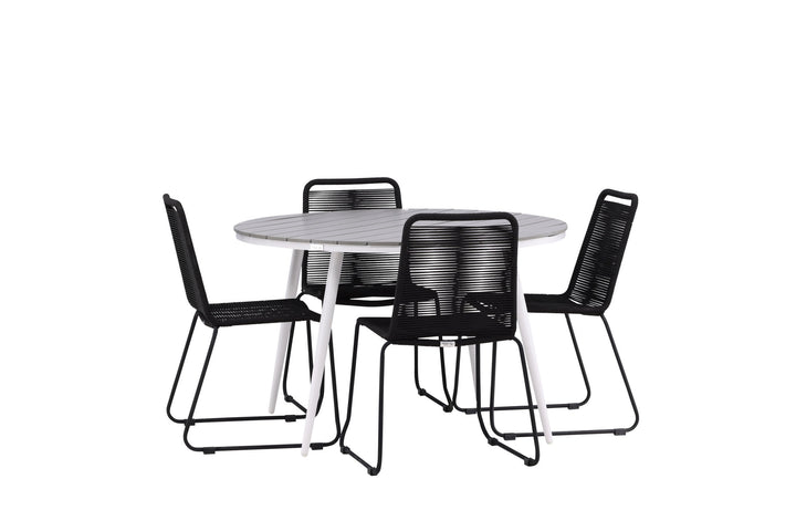 Venture Home Break - Dining Table Round- White / Grey - Alu / Aintwood - 120ø _1+ Lindos Stacking Chair - Black Alu / Black Rope _4