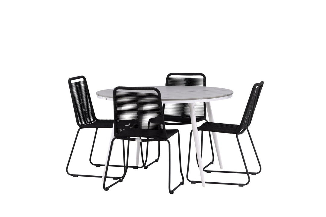 Venture Home Break - Dining Table Round- White / Grey - Alu / Aintwood - 120ø _1+ Lindos Stacking Chair - Black Alu / Black Rope _4