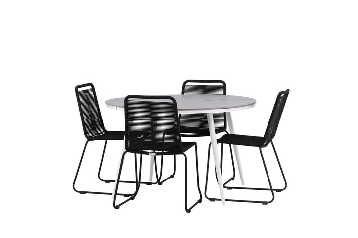 Venture Home Break - Dining Table Round- White / Grey - Alu / Aintwood - 120ø _1+ Lindos Stacking Chair - Black Alu / Black Rope _4