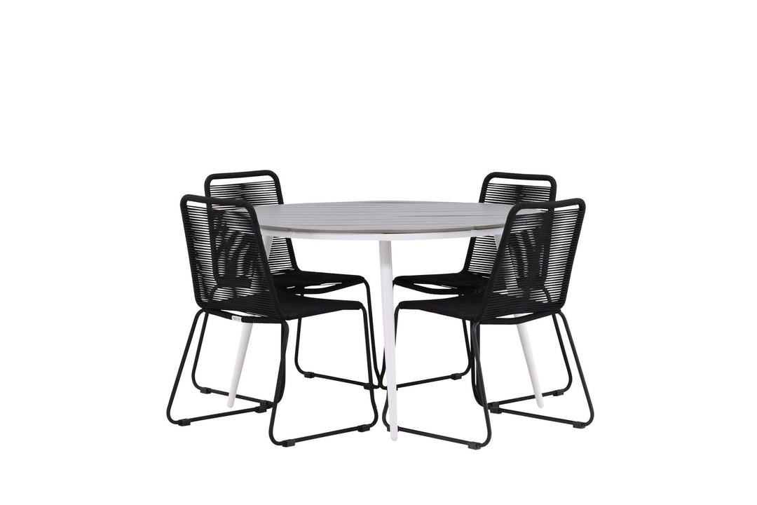 Venture Home Break - Dining Table Round- White / Grey - Alu / Aintwood - 120ø _1+ Lindos Stacking Chair - Black Alu / Black Rope _4