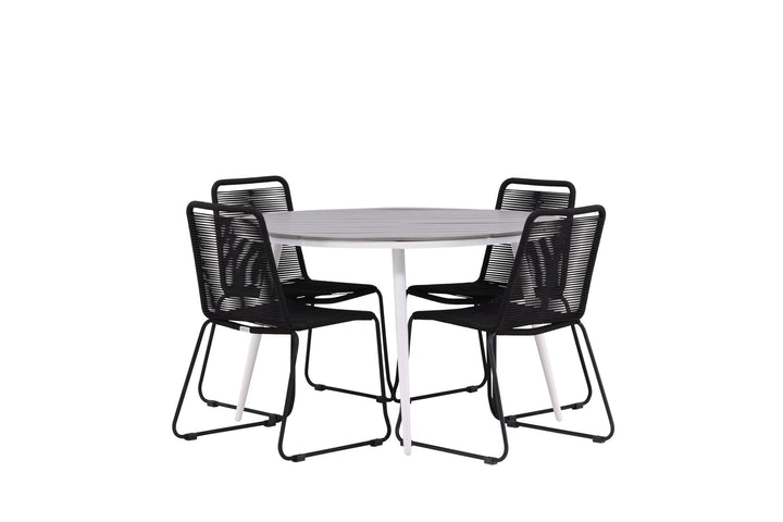 Venture Home Break - Dining Table Round- White / Grey - Alu / Aintwood - 120ø _1+ Lindos Stacking Chair - Black Alu / Black Rope _4