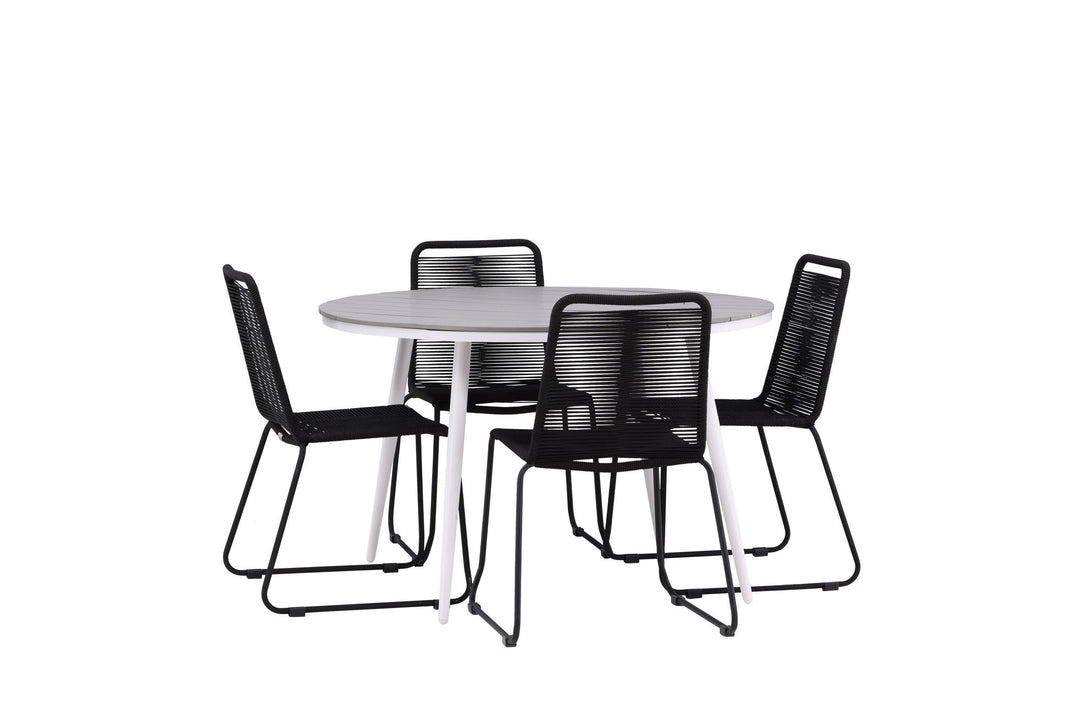 Venture Home Break - Dining Table Round- White / Grey - Alu / Aintwood - 120ø _1+ Lindos Stacking Chair - Black Alu / Black Rope _4