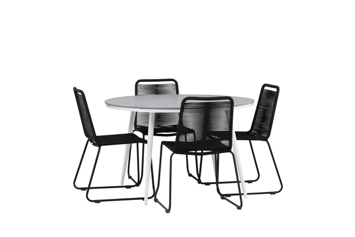 Venture Home Break - Dining Table Round- White / Grey - Alu / Aintwood - 120ø _1+ Lindos Stacking Chair - Black Alu / Black Rope _4