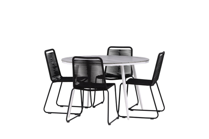 Venture Home Break - Dining Table Round- White / Grey - Alu / Aintwood - 120ø _1+ Lindos Stacking Chair - Black Alu / Black Rope _4