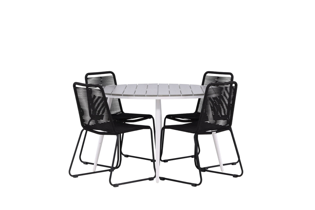 Venture Home Break - Dining Table Round- White / Grey - Alu / Aintwood - 120ø _1+ Lindos Stacking Chair - Black Alu / Black Rope _4