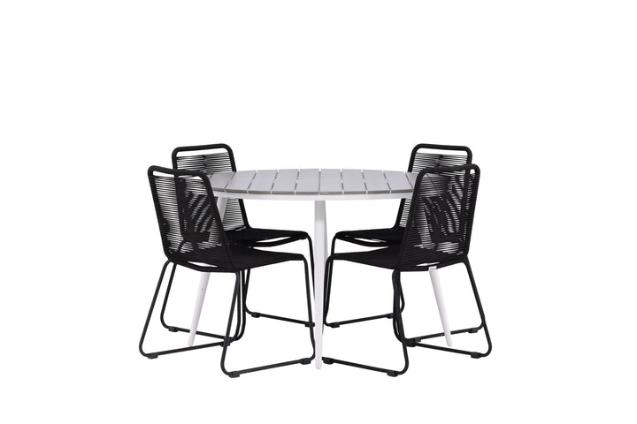 Venture Home Break - Dining Table Round- White / Grey - Alu / Aintwood - 120ø _1+ Lindos Stacking Chair - Black Alu / Black Rope _4