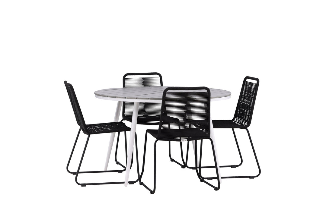 Venture Home Break - Dining Table Round- White / Grey - Alu / Aintwood - 120ø _1+ Lindos Stacking Chair - Black Alu / Black Rope _4