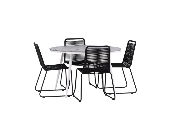 Venture Home Break - Dining Table Round- White / Grey - Alu / Aintwood - 120ø _1+ Lindos Stacking Chair - Black Alu / Black Rope _4