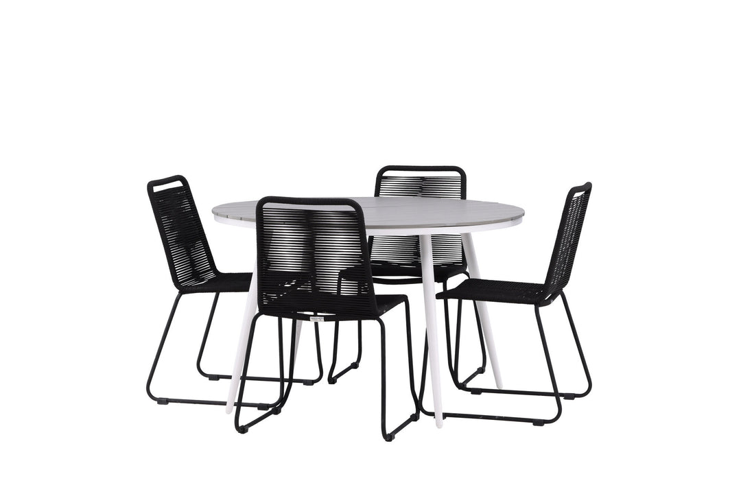 Venture Home Break - Dining Table Round- White / Grey - Alu / Aintwood - 120ø _1+ Lindos Stacking Chair - Black Alu / Black Rope _4