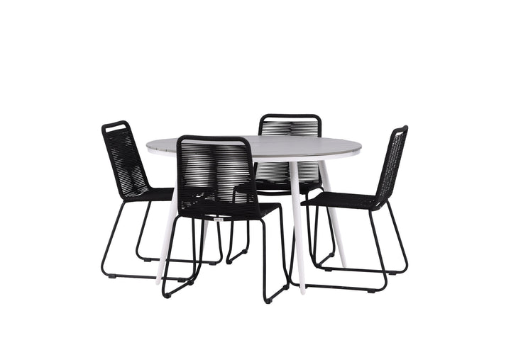 Venture Home Break - Dining Table Round- White / Grey - Alu / Aintwood - 120ø _1+ Lindos Stacking Chair - Black Alu / Black Rope _4